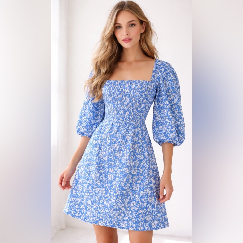 Tuckernuck‎ x Cameron Eubanks Wimberly Blue White Floral Annie Smocked Dress XS